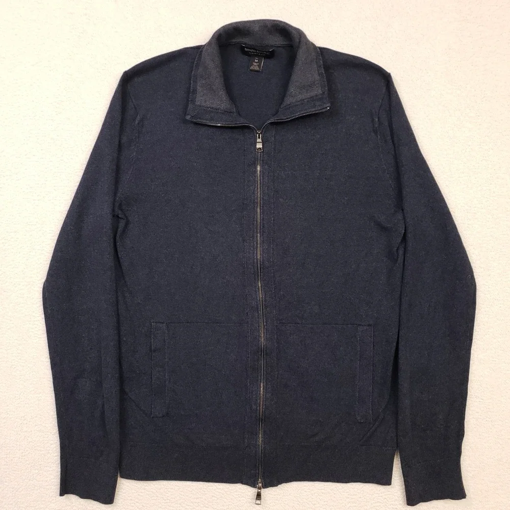 Banana Republic Full Zip Sweater Mens Medium Tall Navy Blue Silk Cashmere Cotton